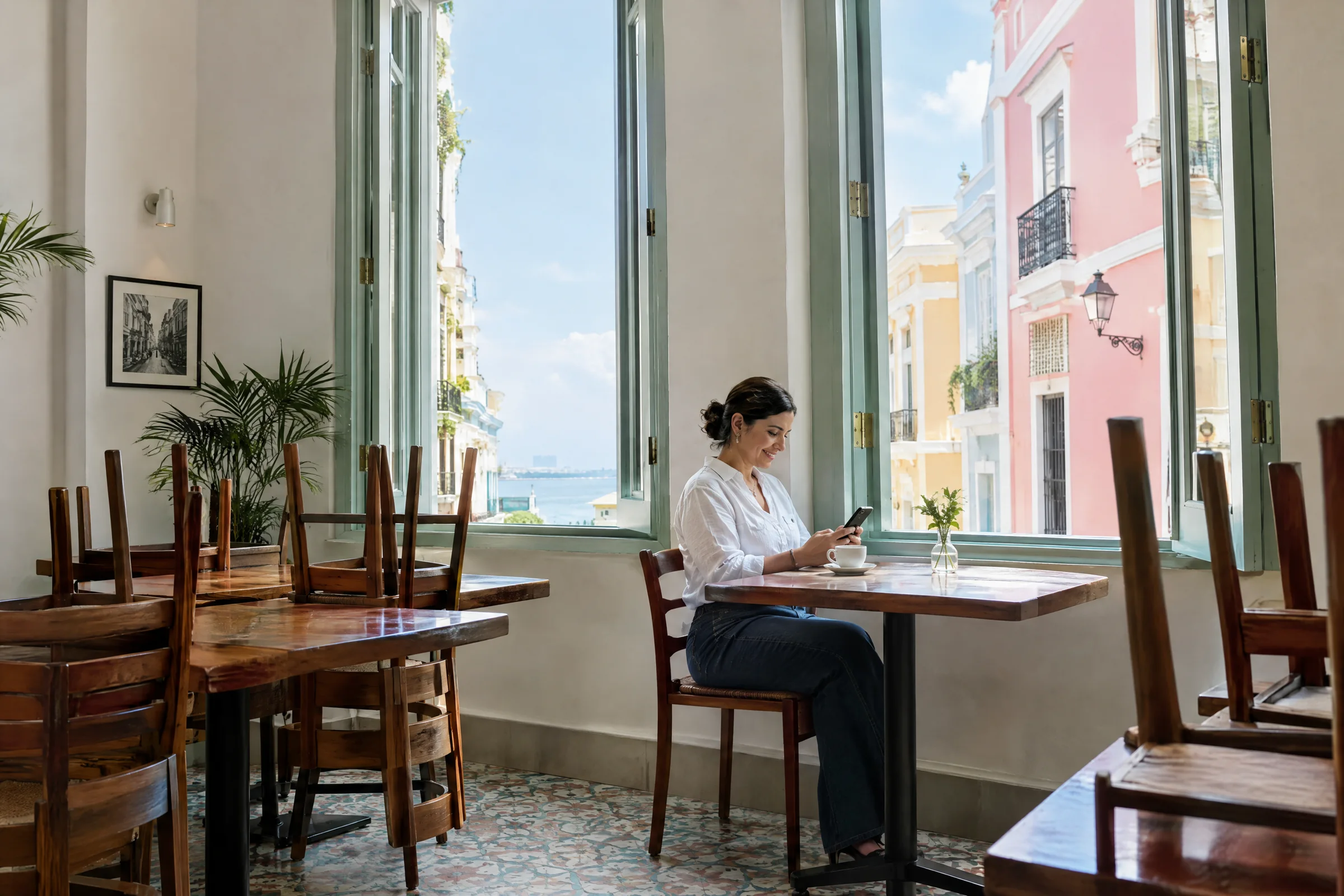 La dueña revisa su teléfono con un café, sola en el comedor, antes de abrir.