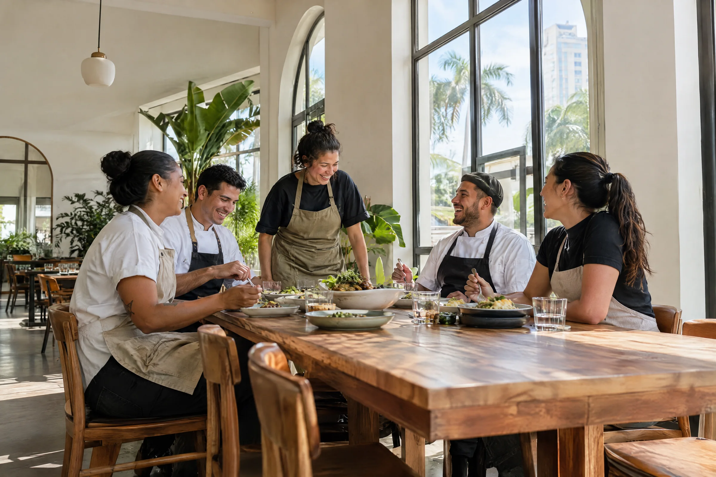 El equipo comparte la comida del personal antes del servicio, en el comedor todavía vacío.